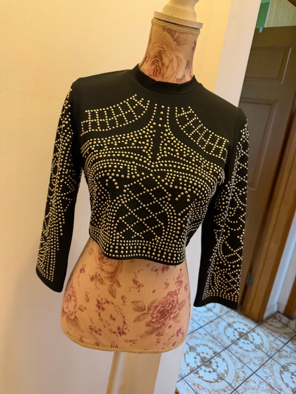 love J Black Studded Long-Sleeve Crop Top